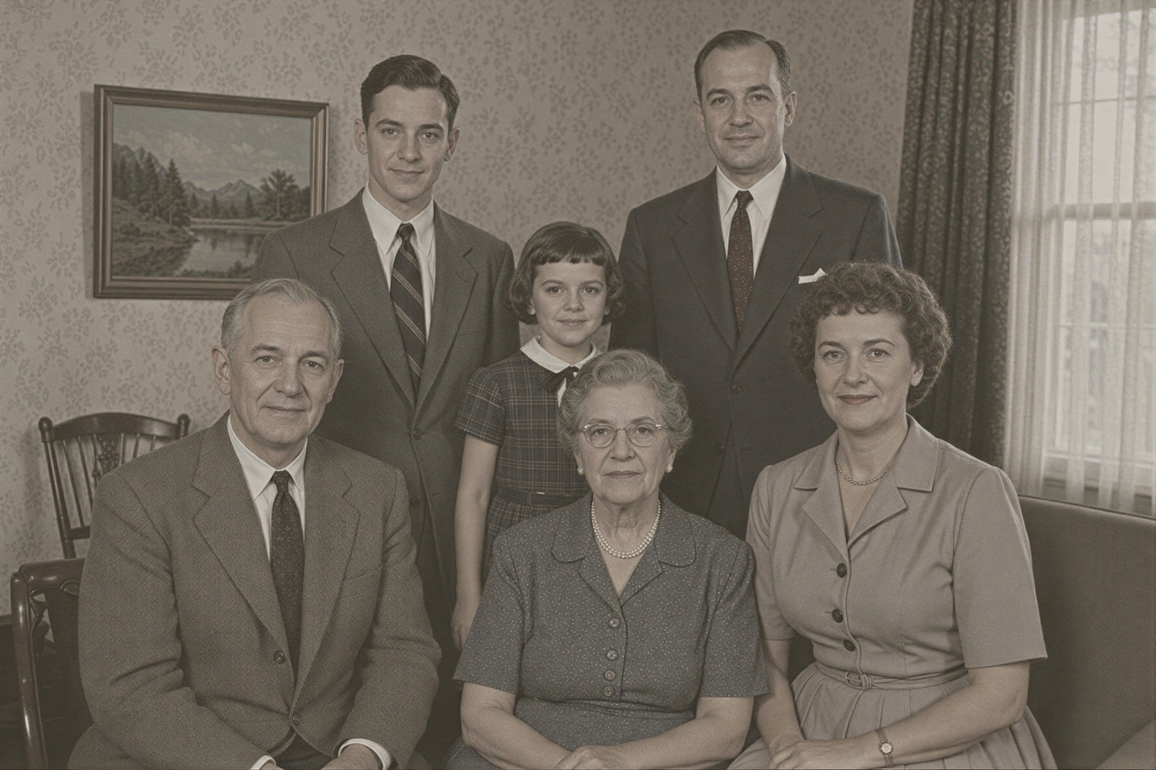 Real AI old photo restoration of a faded family photograph, after